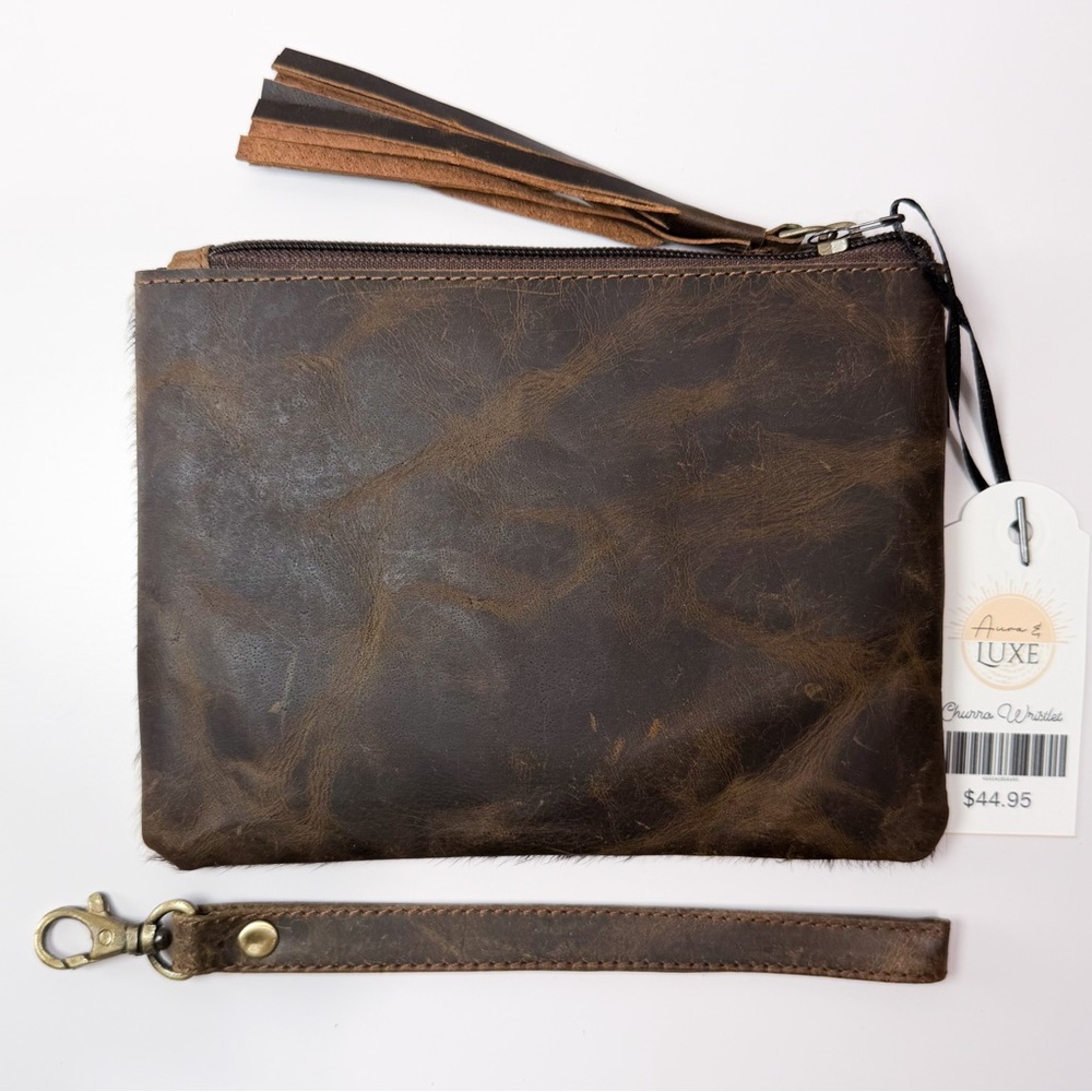 Cowhide Leather Wristlet Clutch - Black & White with Brown Accent - Picture 3 of 5